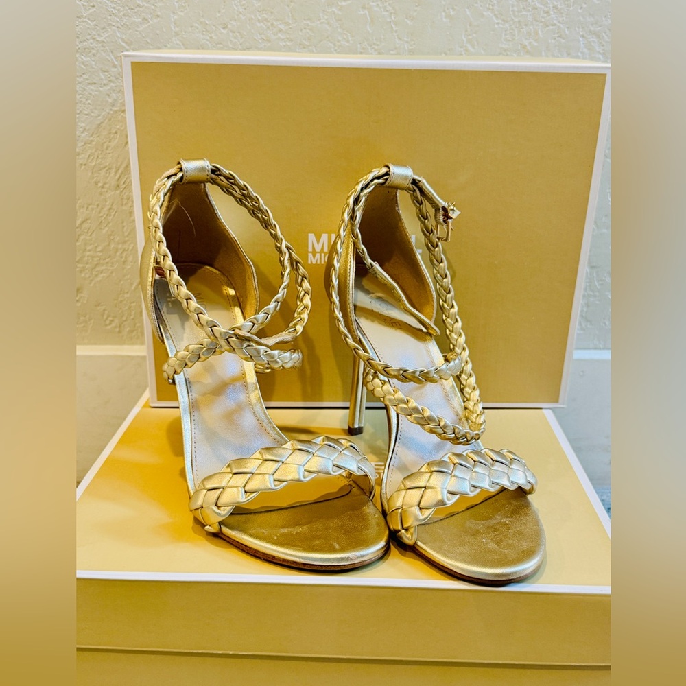 Michael Kors Astrid Metallic Pale Gold Braided-Strap Dress Sandal